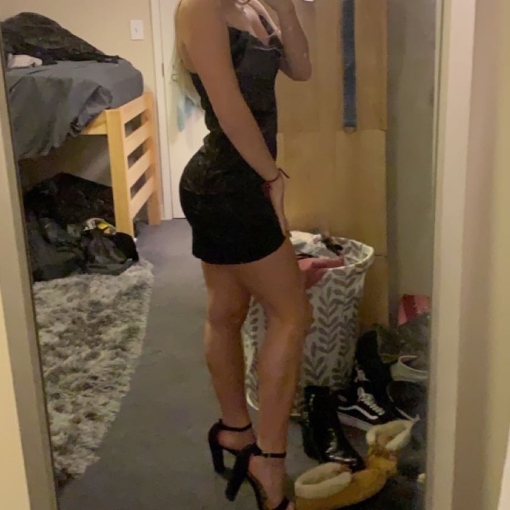 Black slinky cowl neck polka dot dress